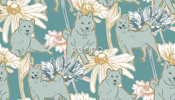 Sticker Akita Inu tussen bloemen