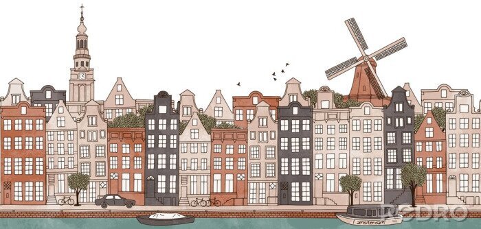 Sticker Amsterdam, Nederland - naadloze banner van de skyline van Amsterdam, getrokken hand en digitaal gekleurde inkt illustratie