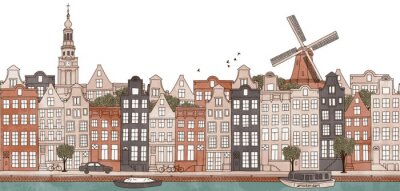 Sticker Amsterdam, Nederland - naadloze banner van de skyline van Amsterdam, getrokken hand en digitaal gekleurde inkt illustratie