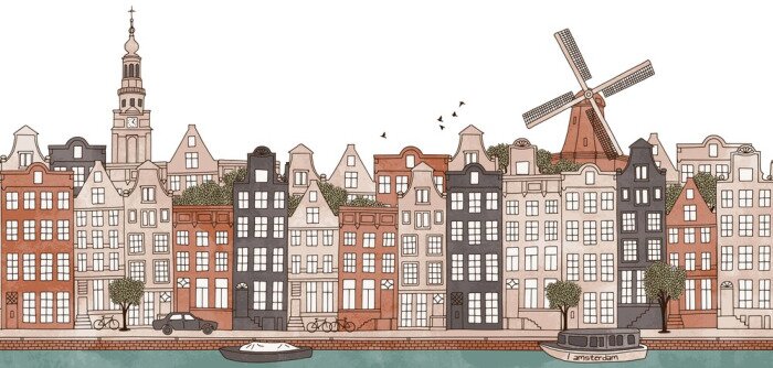 Sticker Amsterdam, Nederland - naadloze banner van de skyline van Amsterdam, getrokken hand en digitaal gekleurde inkt illustratie