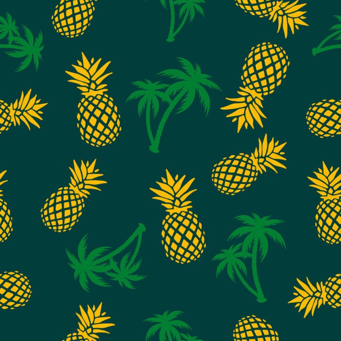 Sticker Ananas en palmbomen op een marineblauwe achtergrond