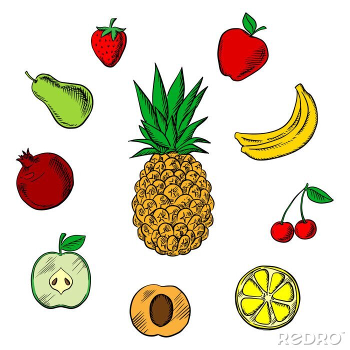 Sticker Ananas omgeven door ander fruit