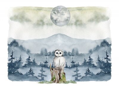 Sticker Aquarel berglandschap met uil
