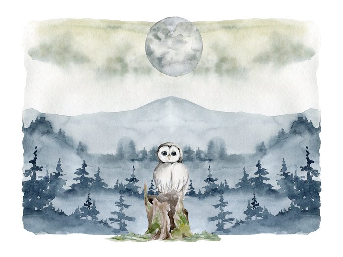 Sticker Aquarel berglandschap met uil