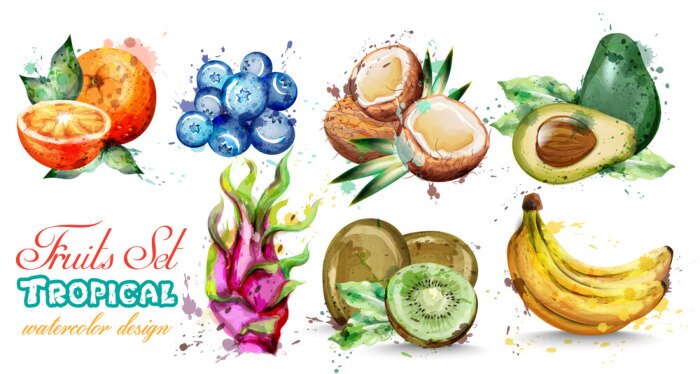 Sticker Aquarel fruit set collectie Vector. Kiwi, banaan, bosbes Tropische zomerfruitsamenstelling