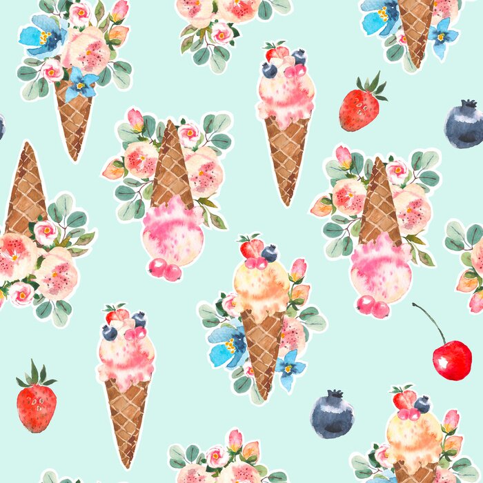 Sticker Aquarel icecream kegels en bloeiende rozen, eucaliptus, bloemboeket naadloze patroon