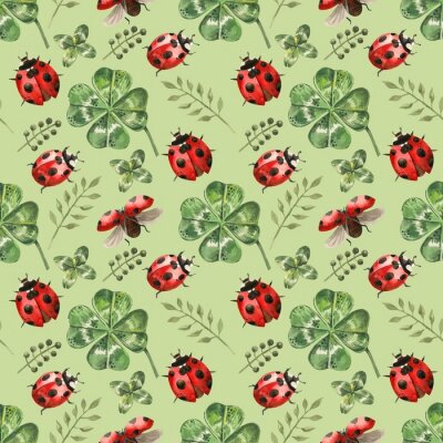 Sticker Aquarel lieveheersbeestjes tussen groene klavertjes