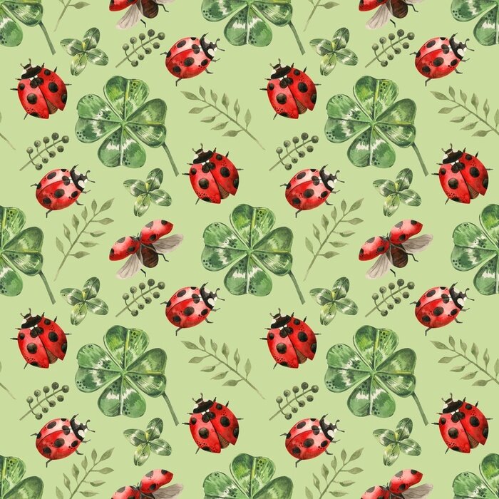 Sticker Aquarel lieveheersbeestjes tussen groene klavertjes