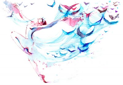 Aquarel met danseres en vogels