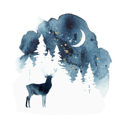 Sticker Aquarel met een hert 's nachts