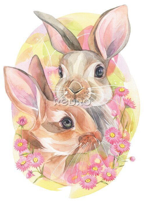 Sticker Aquarel paar konijnen tussen roze bloemen