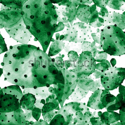 Sticker Aquarel raster naadloze bloemmotief. Hand klikken op gebruikelijke cactus. Ongebruikelijke cactustextuur.