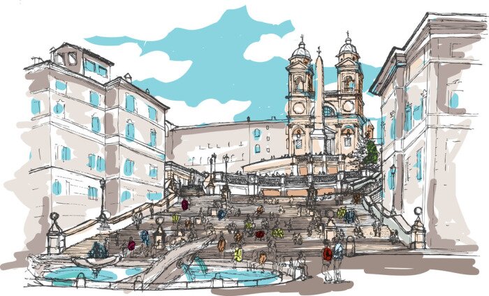 Sticker Aquarel Schets van de Spaanse Trappen, Rome, Italië