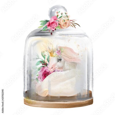 Poster Aquarel schilderij van een eenhoorn met een kroon.