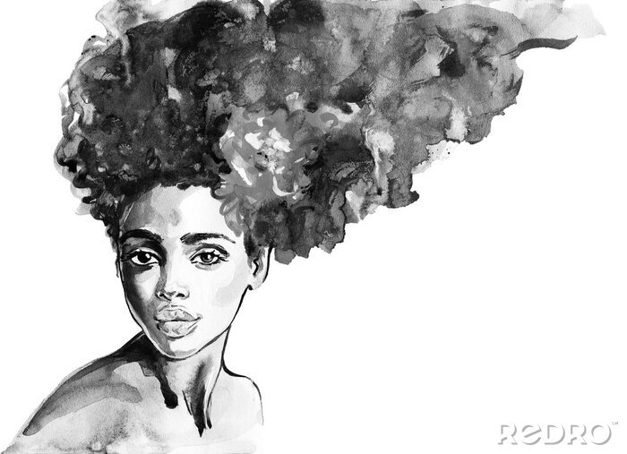 Sticker Aquarel schoonheid Afrikaanse vrouw. Schilderij mode illustratie. Hand getekend portret van mooi meisje op witte achtergrond