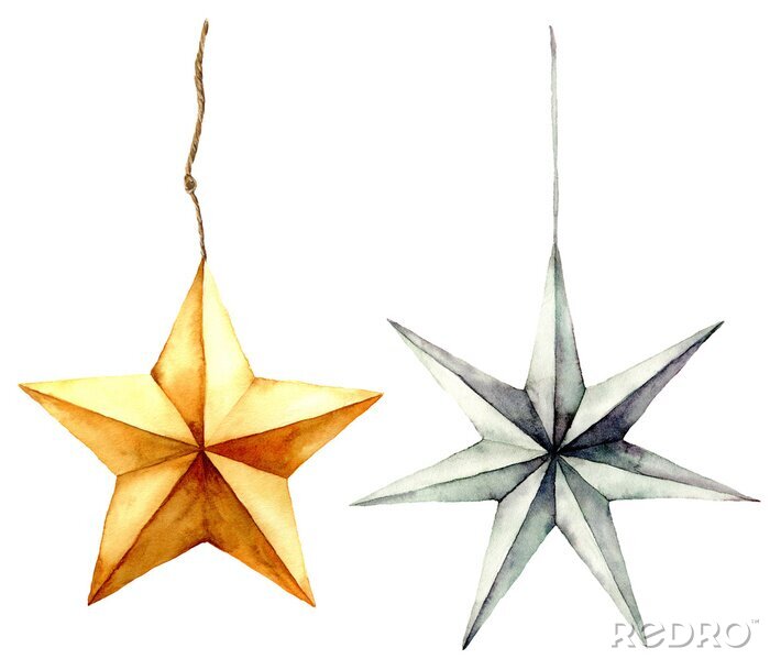 Sticker Aquarel sterren decoratie. Handgeschilderde gouden en zilveren sterren geïsoleerd op een witte achtergrond. Kerst speelgoed. Illustratie van het vakantie de moderne decor.