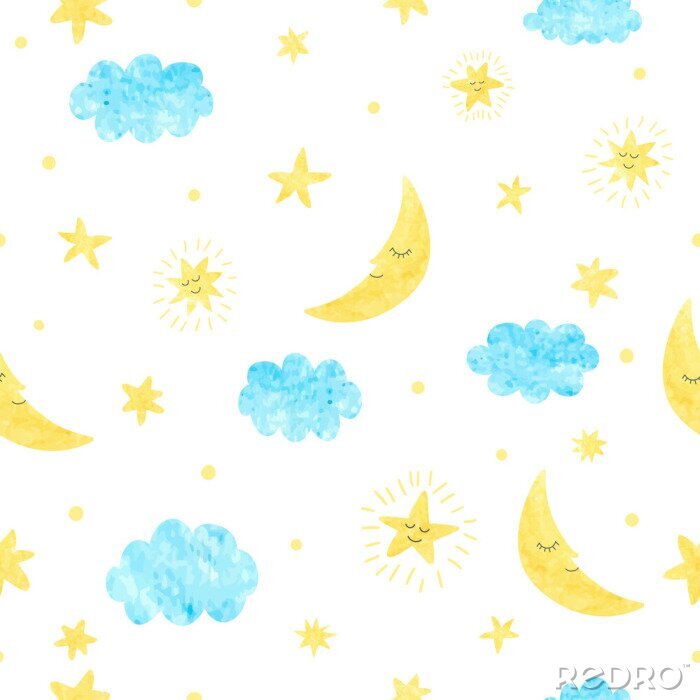 Sticker Aquarel sterren manen en wolken