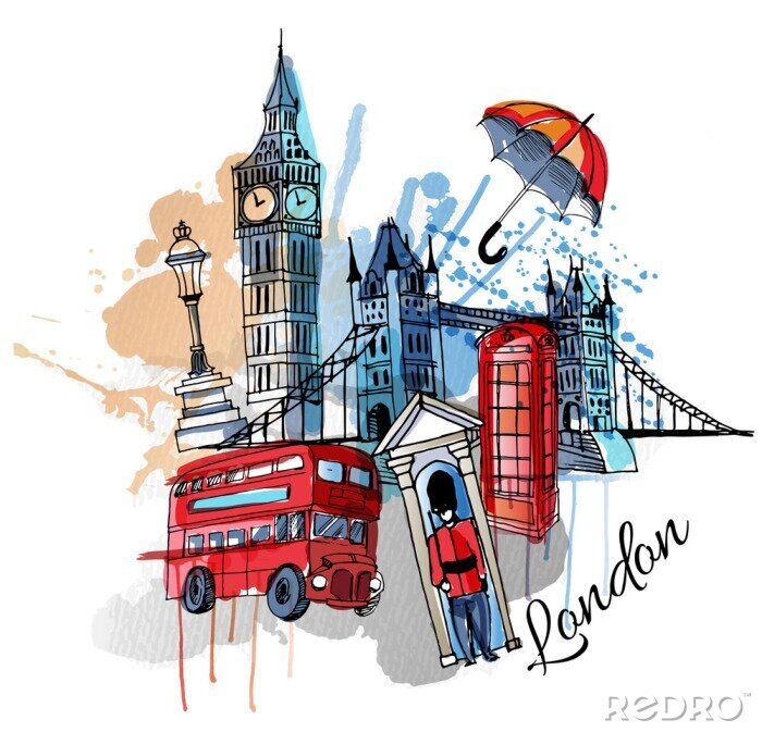 Sticker aquarel vector Londen achtergrond