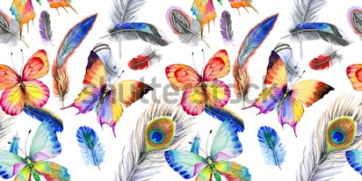 Sticker Aquarel vogel veer patroon van vleugel. Aquarelle wilde bloem voor achtergrond, texture, omslagpatroon, kader of grens.