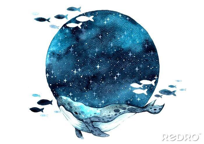 Sticker Aquarel walvis op een volle maan achtergrond