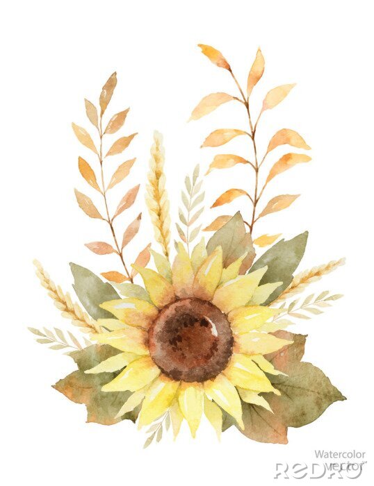 Sticker Aquarel zonnebloemen in boho stijl