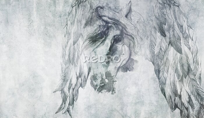 Sticker Aquarelpaard met veren in grijstinten