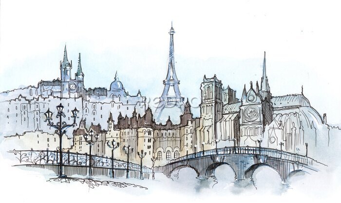 Sticker Aquarelpanorama van Parijs