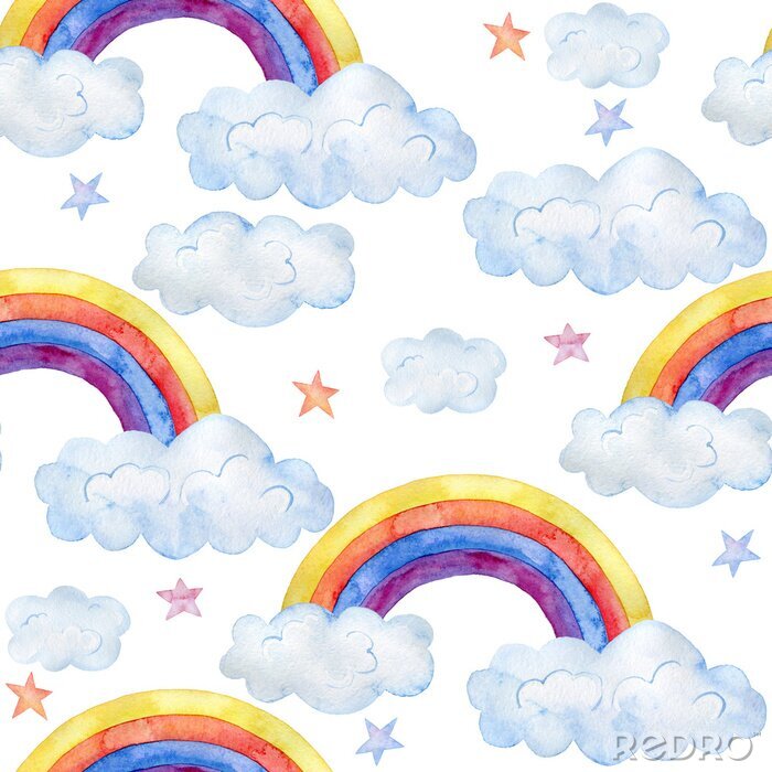 Sticker Aquarelpatroon met regenbogen tussen wolken