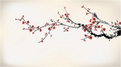 Aquarelschilderij van kersenbloesems en takken op een lichte achtergrond