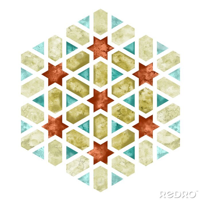 Sticker Arabesque aquarel tegelelement. Zeshoekig geometrie embleem of bord met bleke rand voor stoffen en tasontwerp