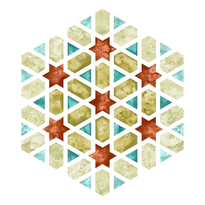 Sticker Arabesque aquarel tegelelement. Zeshoekig geometrie embleem of bord met bleke rand voor stoffen en tasontwerp