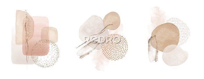 Sticker Arrangements. Blush, pink, ivory, beige watercolor Illustration and gold elements, on white background. Abstract modern print set. Logo. Wall art. Poster. Business card.