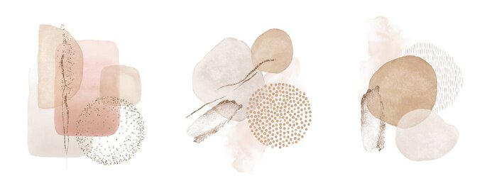 Sticker Arrangements. Blush, pink, ivory, beige watercolor Illustration and gold elements, on white background. Abstract modern print set. Logo. Wall art. Poster. Business card.