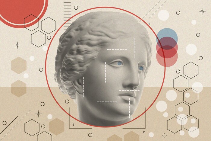 Sticker Art collage with antique sculpture of Venus face and numbers, geometric shapes. Beauty, fashion and health theme. Science, research, discovery, technology concept. Zine culture. Pop art style.