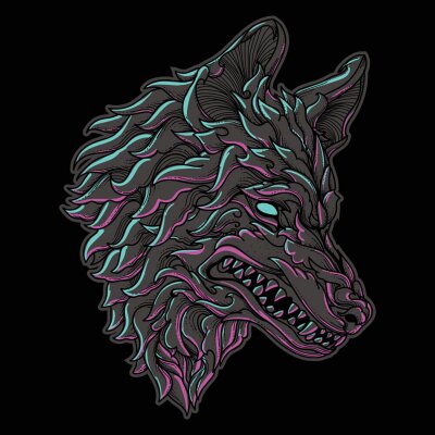 Sticker artwork illustration and t-shirt design wolf head engraving ornament premium vector