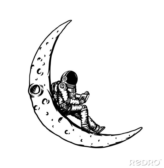 Sticker Astronaut die een boek leest op de maan