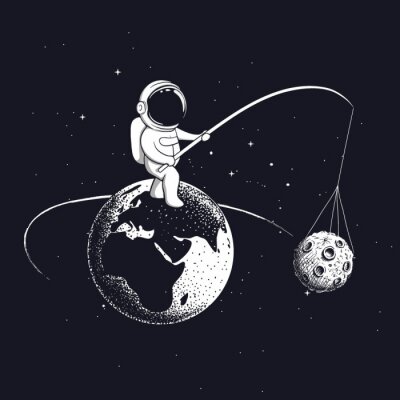 Sticker Astronaut die naar de maan vist met een grafische hengel