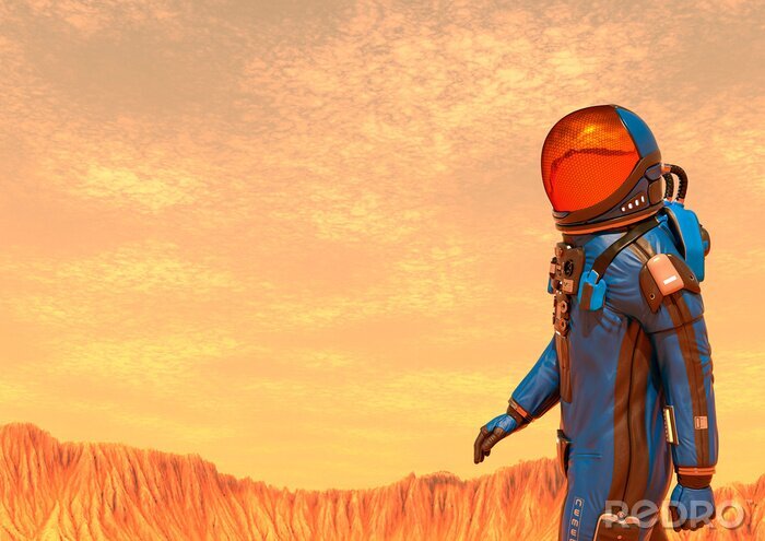 Sticker astronaut exploring mars walking alone