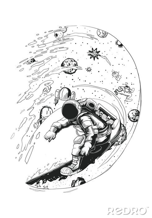 Sticker Astronaut in de ruimte die grafisch surft
