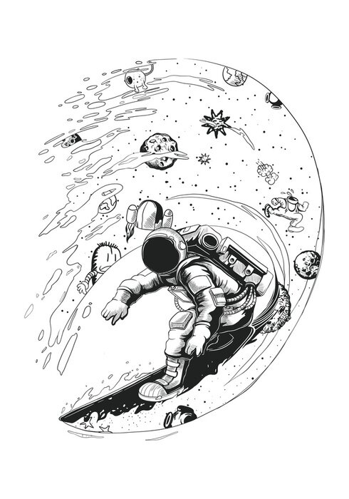 Sticker Astronaut in de ruimte die grafisch surft