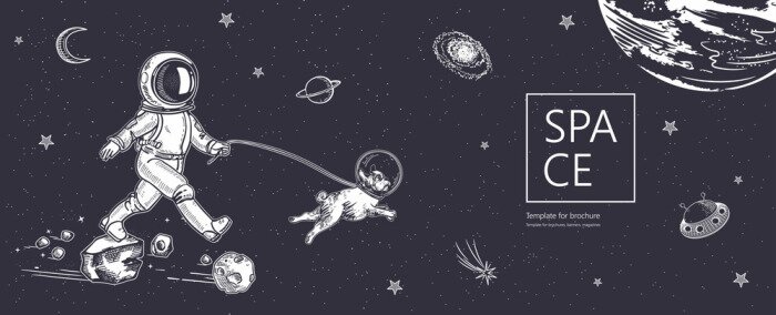 Sticker Astronaut in de ruimte die zijn hond uitlaat