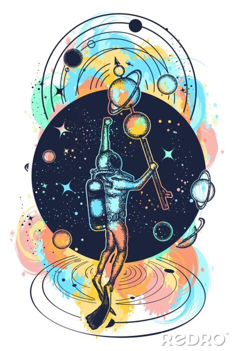 Sticker Astronaut in deep space en universe-t-shirtontwerp. Duiker zweeft in ruimtetattoo-kunst. Symbool van wetenschap, onderzoek, ruimtevaart