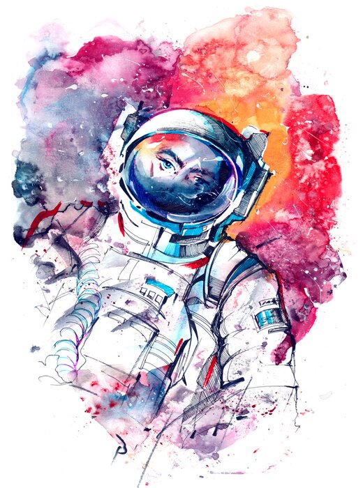Sticker Astronaut in een roze wolk kleurrijke afbeelding