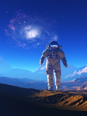 Sticker Astronaut in een ruimtepak in de bergen