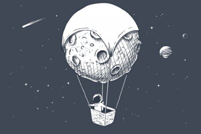 astronaut reist voorbij op een aerostaat gemaakt van maan