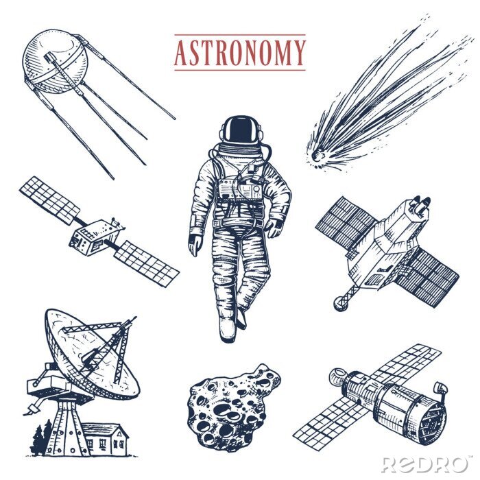 Sticker astronaut ruimtevaarder. planeten in het zonnestelsel. astronomische melkweg. kosmonaut ontdek avontuur. gegraveerde hand getekend in oude schets, vintage stijl. spaceshuttle, radiotelescoop en komeet