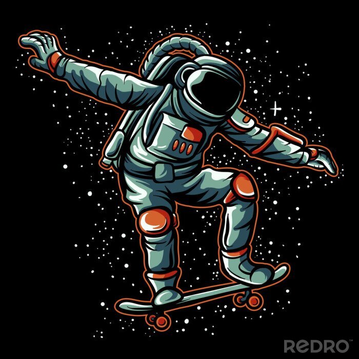Sticker Astronaut skateboarding in the galaxy vector illustration. Astronaut design for t-shirt, sticker, or poster