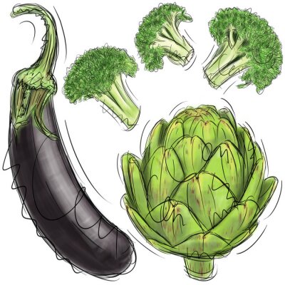 Sticker Aubergine, artisjok, en broccoli