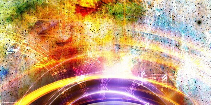 Sticker Audio muziek Spreker en noot. Kosmische ruimte en de sterren, abstracte kosmische achtergrondstraling.