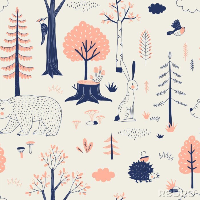 Sticker Autumn Forest seamless vector pattern. Woody landscape with Hedgehog Bear Hare creatures repeatable background. Woodland childish print in Scandinavian decorative style. Cute forest animal backdrop.